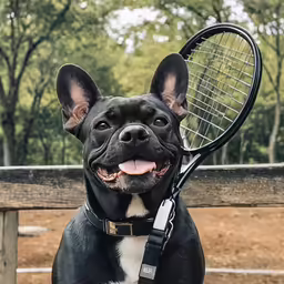 a dog holding a tennis racket in its mouth