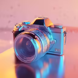 a silver camera sitting on top of a wooden table