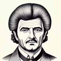 an illustration of a man with long hair,the man in his suit looks down at the camera,a pencil drawing of a man with long hair,a drawing of the actor walter wayne with long hair and big round bangs,an inked picture of a person wearing a suit and tie