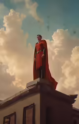 a man in a costume stands atop the roof