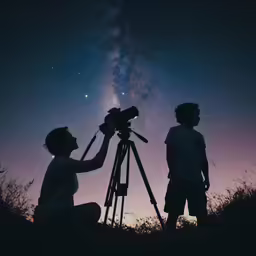 two boys look up at the stars through a telescope
