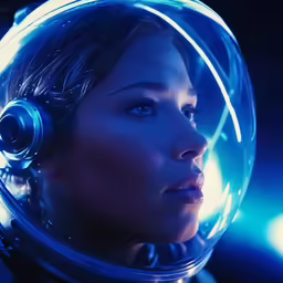 a woman in space suit with headset looking into the distance
