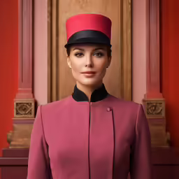 an asian woman with a red hat and coat on