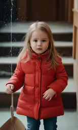 little girl in red coat holding umbrella walking by steps