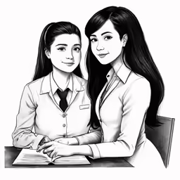 two girls in school uniforms writing together