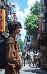 a young man with a back pack on the street