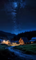 the night sky and stars above two village houses
