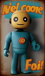 a cartoon figure in blue stands by a wall