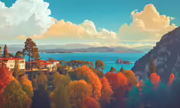 some houses overlooking some trees and water