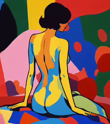 a painting of a woman sitting on a colorful background,a woman in a painting sits back to back with colorful colors