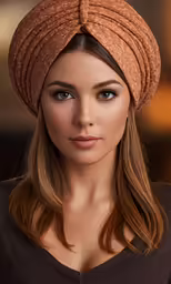 a woman wearing a head wrap in brown