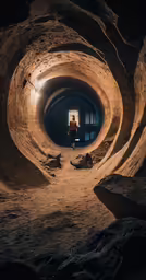 a man standing inside a dark tunnel under rocks