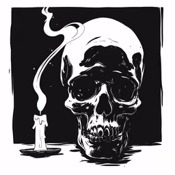 a skull and a candle in front of a black background,a skull with a burning cigarette near a lit candle