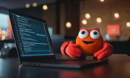 a laptop sitting on top of a table with a stuffed animal behind it