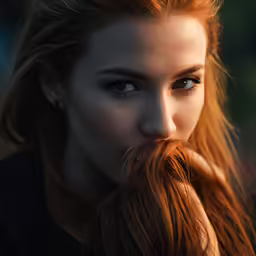 an attractive young woman with a long red hair and big blue eyes is posing for a picture