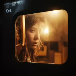 a woman is looking out a train window