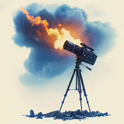 a camera on top of a tripod in front of fire and smoke