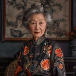 an older woman sitting in a chair wearing a black dress,a woman sitting down in front of a painting