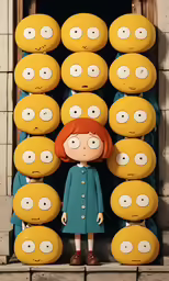 a kid wearing red hair stands in front of fake simpsons face balloons