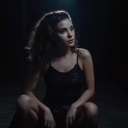 a woman sitting in the dark wearing lingerie
