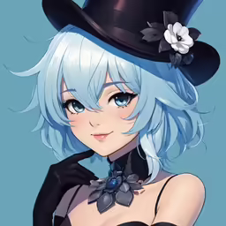 a woman wearing a black hat and blue hair
