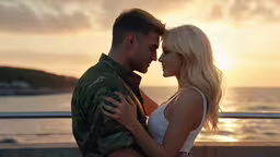 a man and woman in military clothing hugging each other on a sunset,a man holding a woman and standing in front of the ocean at sunset