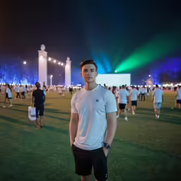 a man is standing on the side of the field at night
