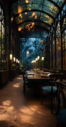 a dimly lit room with a large dining table in the center