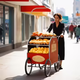 a woman standing next to a cart of bread on a street