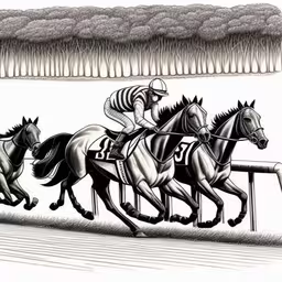 two horses are running down a race track,a drawing of jockeys riding horses past the finish line