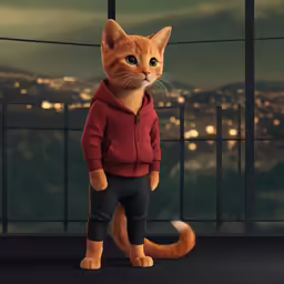 the cartoon cat is dressed in black, red and grey