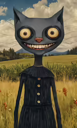 the cat is dressed in a black coat and smiling
