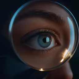 a woman holding a magnifying glass over her eye