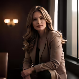 a beautiful woman sitting down with a window behind her