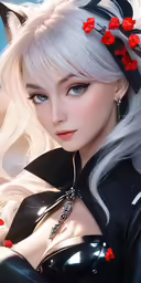 an anime female with white hair is dressed up