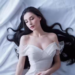 a young woman laying down on top of a bed in a dress