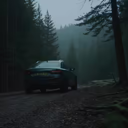 a car driving on a road in the middle of a forest