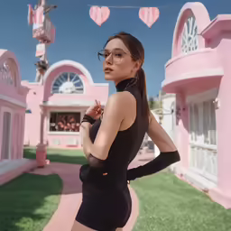 a woman in a black dress standing on the street