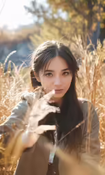 a girl is standing in the middle of tall grass