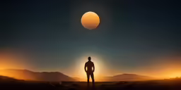 a man standing in the middle of the desert at sunset, with an eclipse behind him