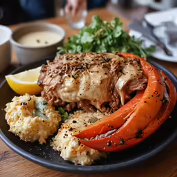 a plate full of food with meat, rice, and vegetables