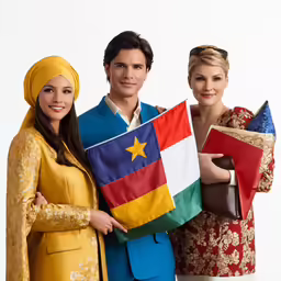 three people dressed in colorful clothing holding flags