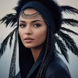 an indian woman wearing black with feathers on her head