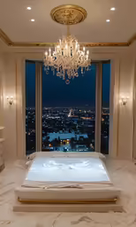 the large bathtub has a chandelier and lights in the room