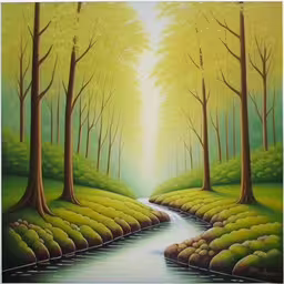 a painting with many trees next to a river,painting of a stream flowing between two large trees,there is a painting of a stream through the forest,the painting is shown in white and green,painting with a stream running between two trees