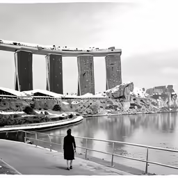 a person is walking towards a bridge in front of some water