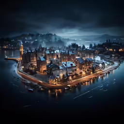 the city is surrounded by some water in the night