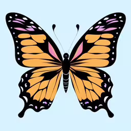 an orange butterfly flying across the sky,a large yellow butterfly is flying with a blue background