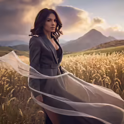 woman with long dress walking through a grass field