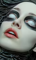 a woman with large eyes with black lashes and white face paint